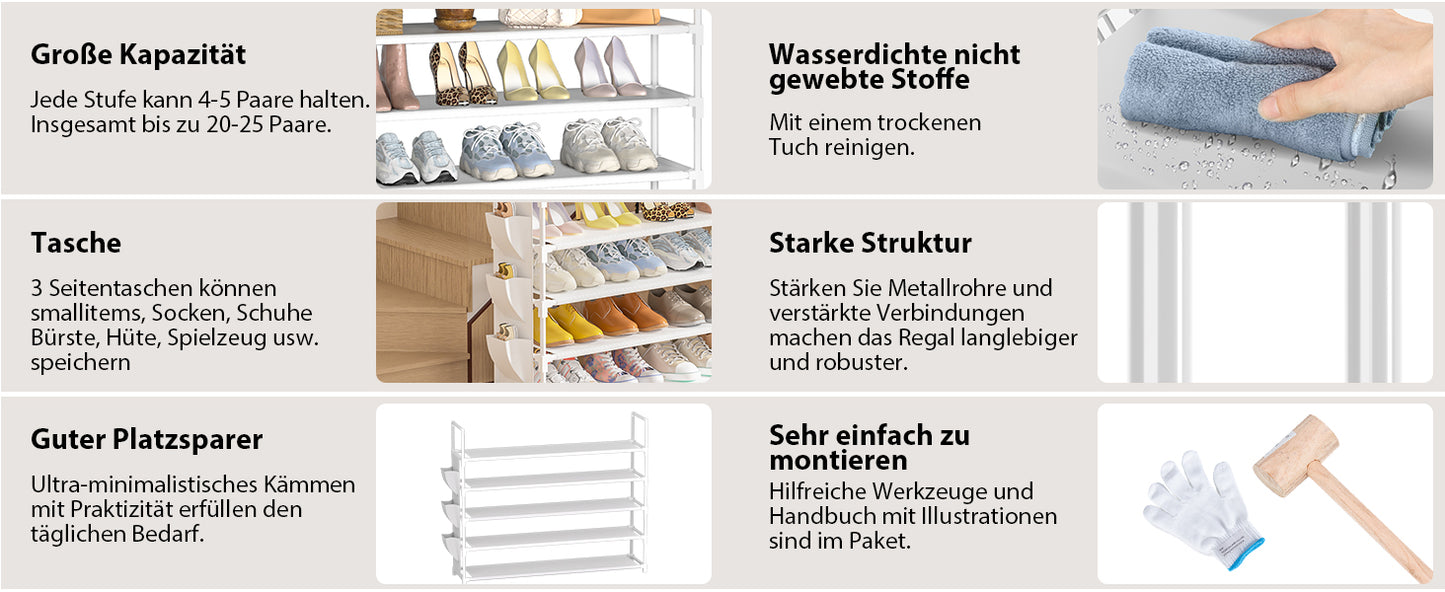 OYREL Schuhregal 5 Ebenen, Große Kapazität Shoe Rack Schuhablage mit Seitentasche für 20-25 Paar Schuhe, Stark Schuhaufbewahrung für Schrank, Flur, Closet, Draußen, 85cm Breit Shoe Storage Weiß