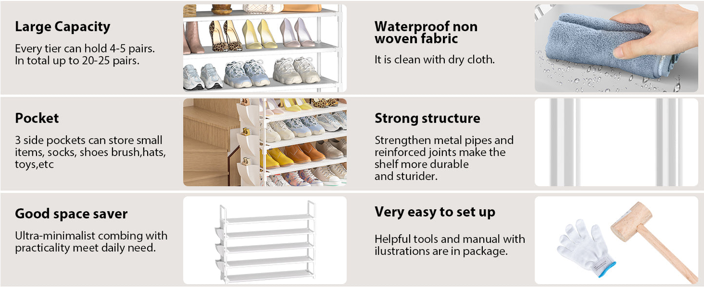 Shoe Rack 5 Tier Shoe Organizer Shoe Storage 20-25 Pairs Shoe Rack for Closet Shoe Rack Organizer Entryway Shoe Holder Space Saving Shoe Shelf Shoe Stand Large Tall Shoe Tower Bedroom Garage Door