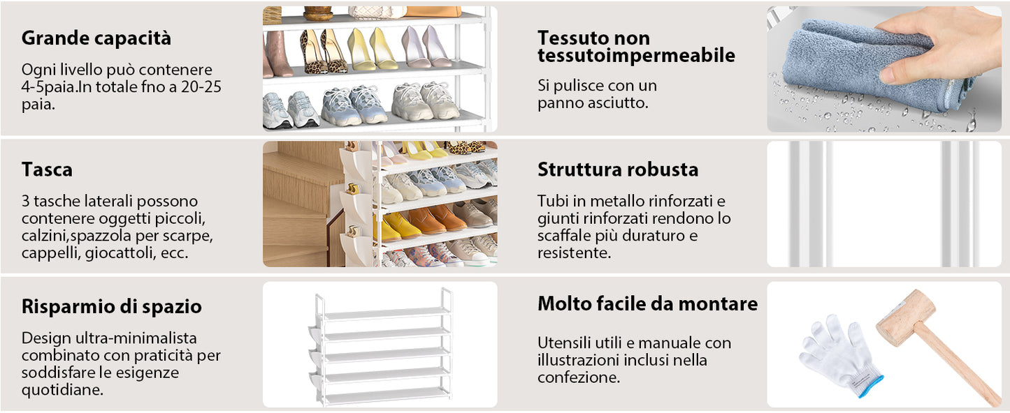 OYREL Scarpiera a 5 livelli, organizer per scarpe, 20-25 paia, scarpiera per armadio, scarpiera, organizer per ingresso, scarpiera salvaspazio