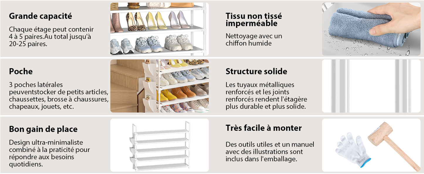 OYREL Étagère à Chaussures à 5 Niveaux Rangement de Chaussures - 20 à 25 Paires - Étagère à Chaussures pour Armoire Organiseur d'entrée - Support à Chaussures Peu encombrant