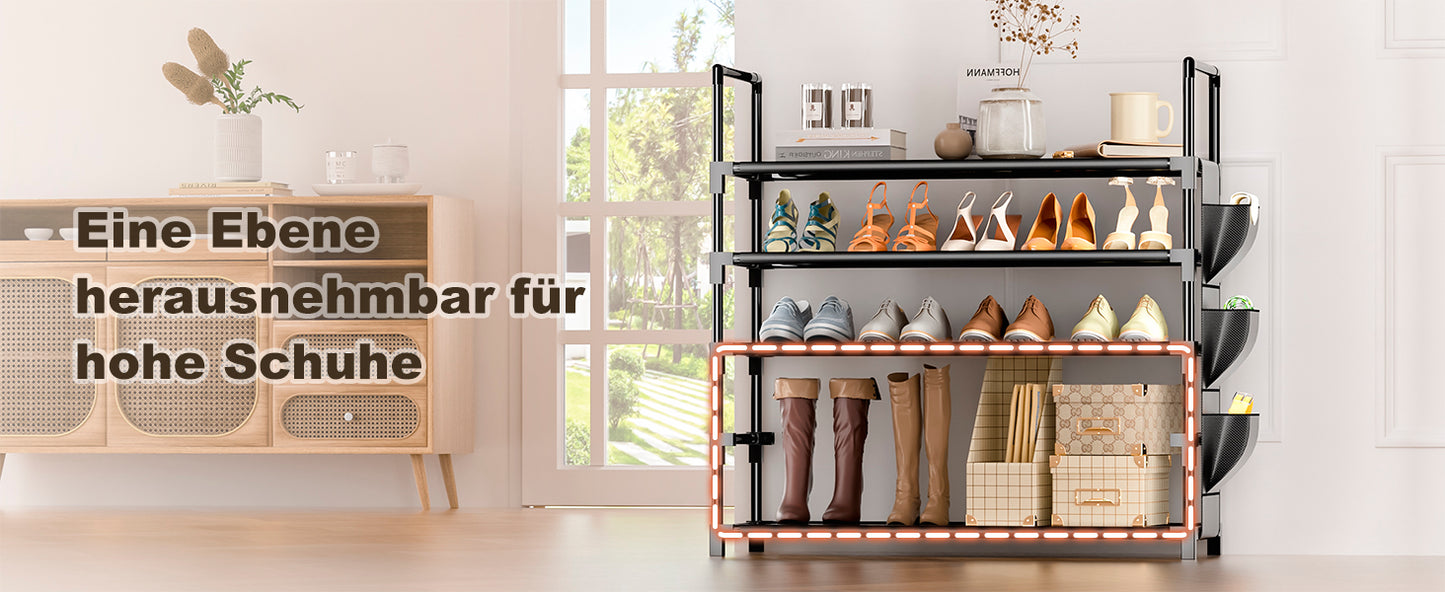 OYREL Schuhregal 5 Ebenen, Große Kapazität Shoe Rack Schuhablage mit Seitentasche für 20-25 Paar Schuhe, Stark Schuhaufbewahrung für Schrank, Flur, Closet, Draußen, 85cm Breit Shoe Storage Schwarz