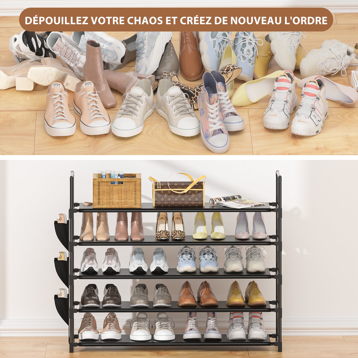 OYREL Étagère à Chaussures à 5 Niveaux Rangement de Chaussures - 20 à 25 Paires - Étagère à Chaussures pour Armoire Organiseur d'entrée - Support à Chaussures Peu encombrant
