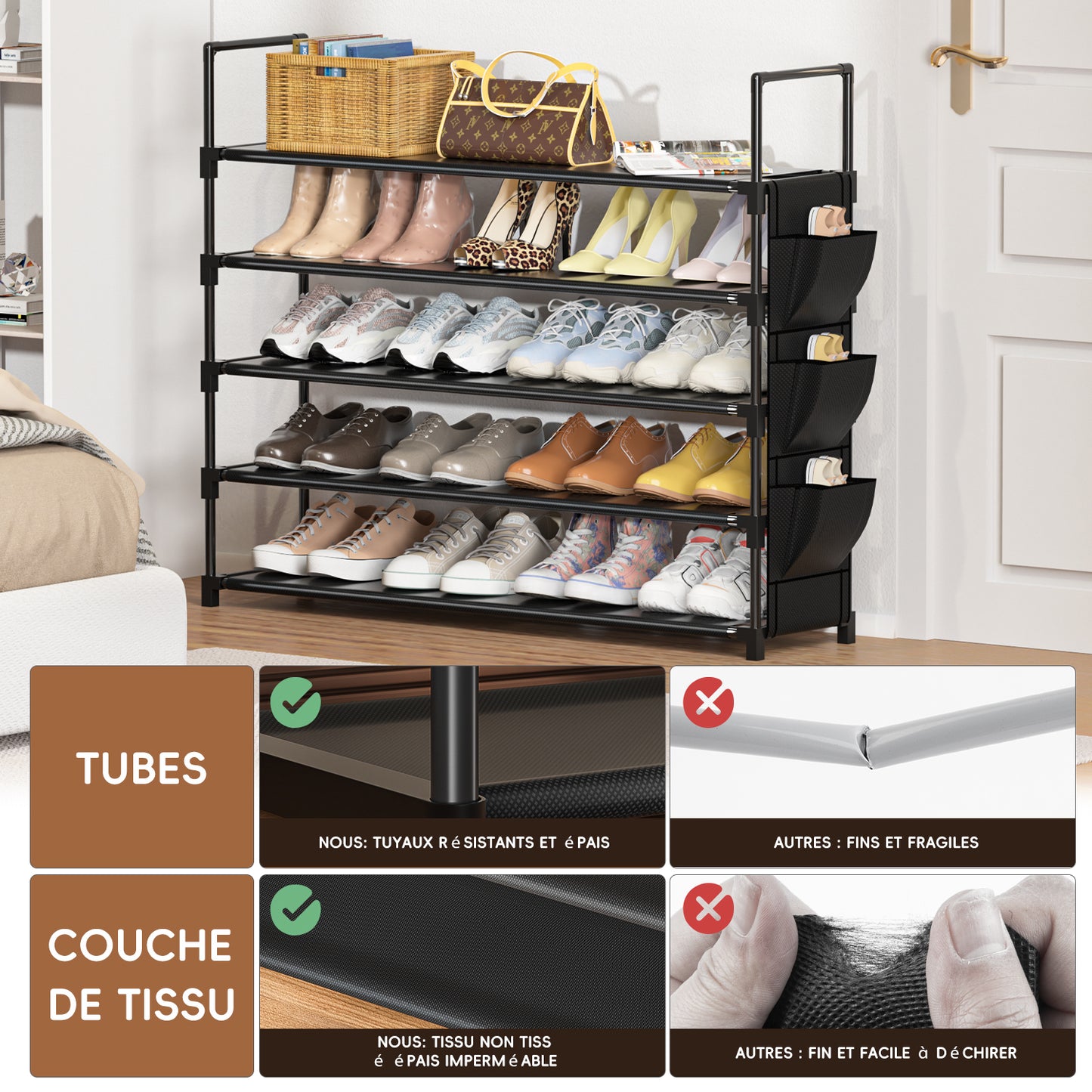 OYREL Étagère à Chaussures à 5 Niveaux Rangement de Chaussures - 20 à 25 Paires - Étagère à Chaussures pour Armoire Organiseur d'entrée - Support à Chaussures Peu encombrant
