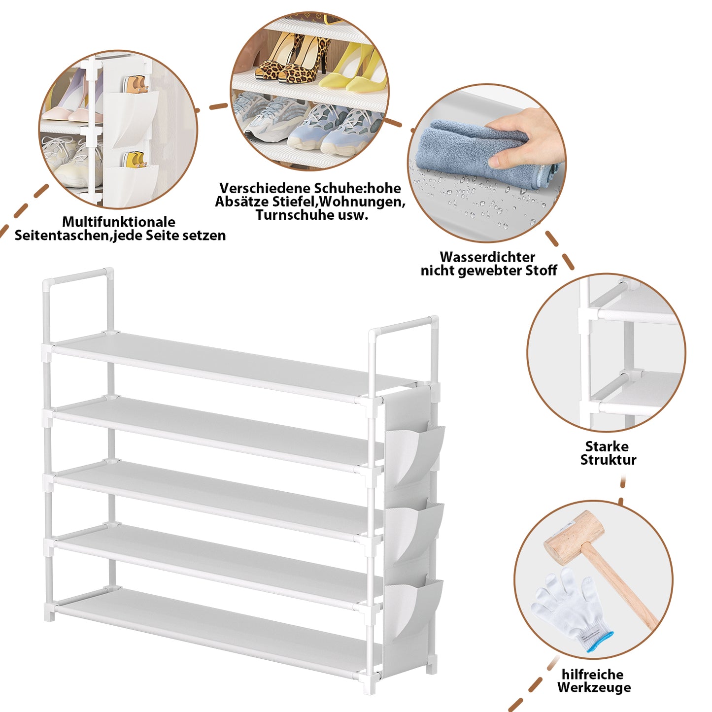 OYREL Schuhregal 5 Ebenen, Große Kapazität Shoe Rack Schuhablage mit Seitentasche für 20-25 Paar Schuhe, Stark Schuhaufbewahrung für Schrank, Flur, Closet, Draußen, 85cm Breit Shoe Storage Weiß