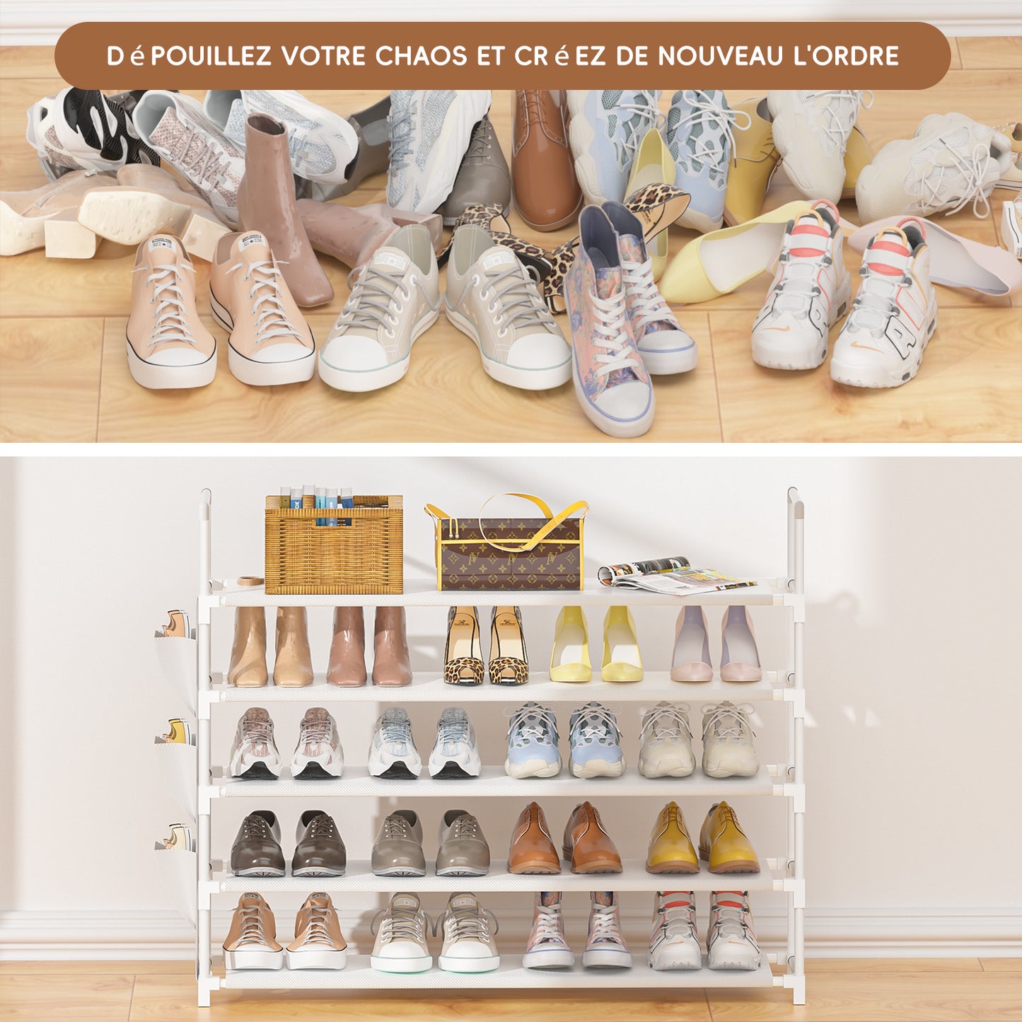 OYREL Étagère à Chaussures à 5 Niveaux Rangement de Chaussures - 20 à 25 Paires - Étagère à Chaussures pour Armoire Organiseur d'entrée - Support à Chaussures Peu encombrant