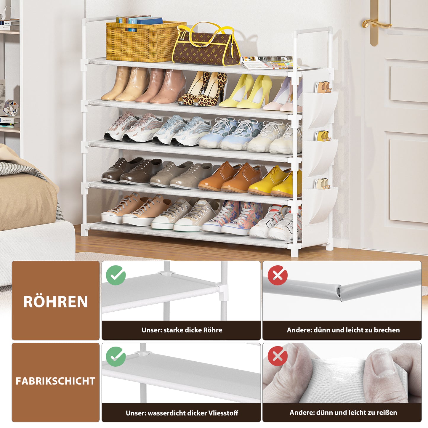 OYREL Schuhregal 5 Ebenen, Große Kapazität Shoe Rack Schuhablage mit Seitentasche für 20-25 Paar Schuhe, Stark Schuhaufbewahrung für Schrank, Flur, Closet, Draußen, 85cm Breit Shoe Storage Weiß