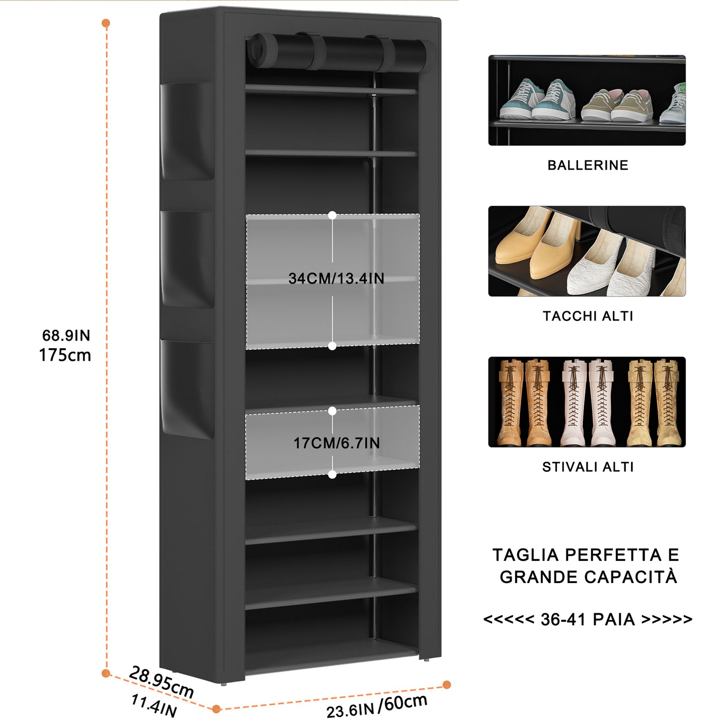 OYREL Scarpiera a 11 Ripiani in Tessuto Antipolvere Chiusa o Aperta, Scaffale Portascarpe con Copertura di Tessuto, 6 Tasche Laterali, per Scarpe da Ginnastica, Tacchi Alti, Ciabatte