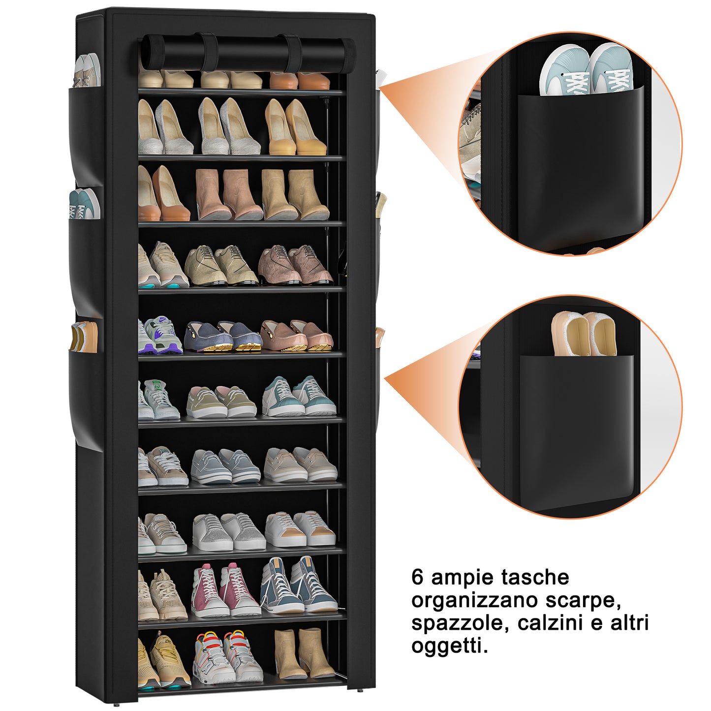 OYREL Scarpiera a 11 Ripiani in Tessuto Antipolvere Chiusa o Aperta, Scaffale Portascarpe con Copertura di Tessuto, 6 Tasche Laterali, per Scarpe da Ginnastica, Tacchi Alti, Ciabatte
