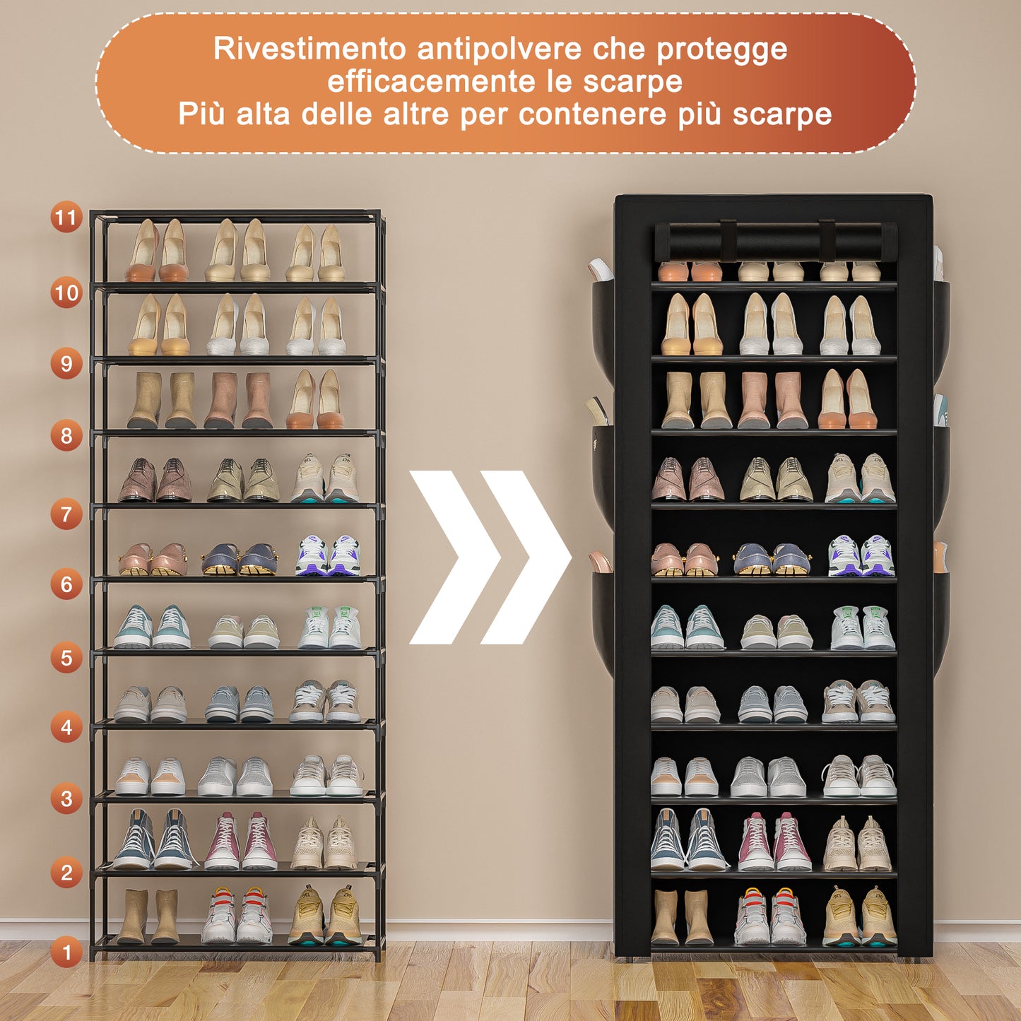 OYREL Scarpiera a 11 Ripiani in Tessuto Antipolvere Chiusa o Aperta, Scaffale Portascarpe con Copertura di Tessuto, 6 Tasche Laterali, per Scarpe da Ginnastica, Tacchi Alti, Ciabatte