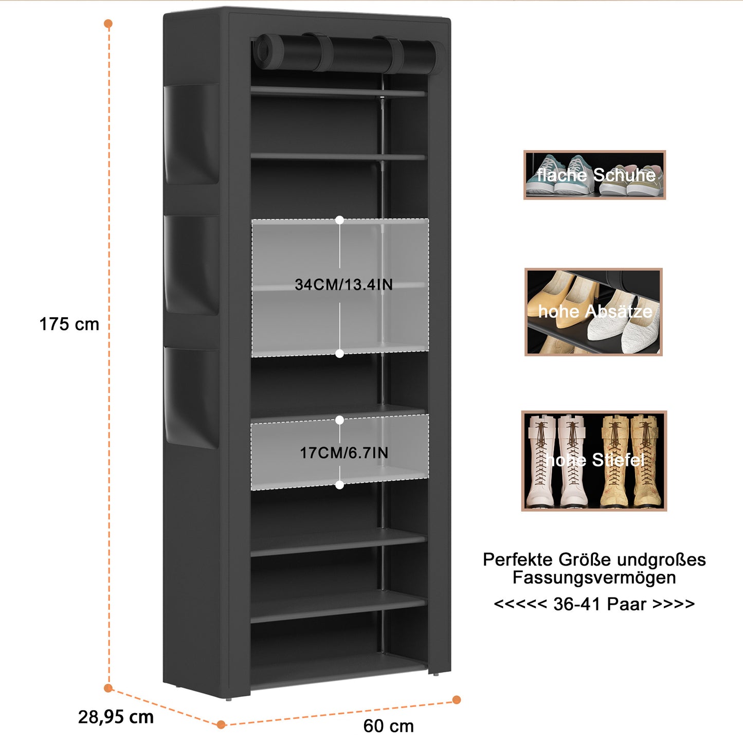 OYREL Schuhregal mit 11 Ebenen, Schuhschrank Hoch mit Staubdichtem Überzug, Große Shoe Rack für 36-41 Paar Schuhe, Geschlossen Schuhablage Stoff, Schuhaufbewahrung für Flur, Closet, Schwarz