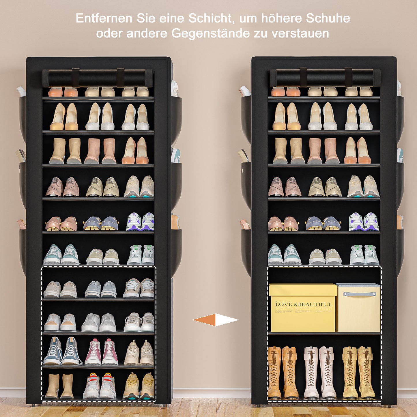 OYREL Schuhregal mit 11 Ebenen, Schuhschrank Hoch mit Staubdichtem Überzug, Große Shoe Rack für 36-41 Paar Schuhe, Geschlossen Schuhablage Stoff, Schuhaufbewahrung für Flur, Closet, Schwarz