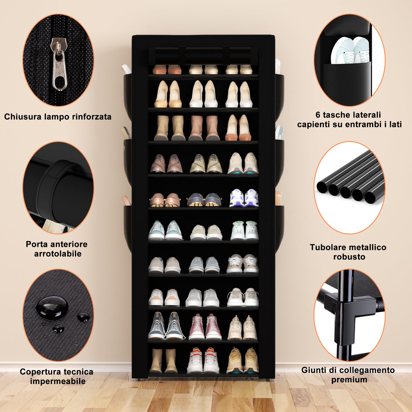 OYREL Scarpiera a 11 Ripiani in Tessuto Antipolvere Chiusa o Aperta, Scaffale Portascarpe con Copertura di Tessuto, 6 Tasche Laterali, per Scarpe da Ginnastica, Tacchi Alti, Ciabatte