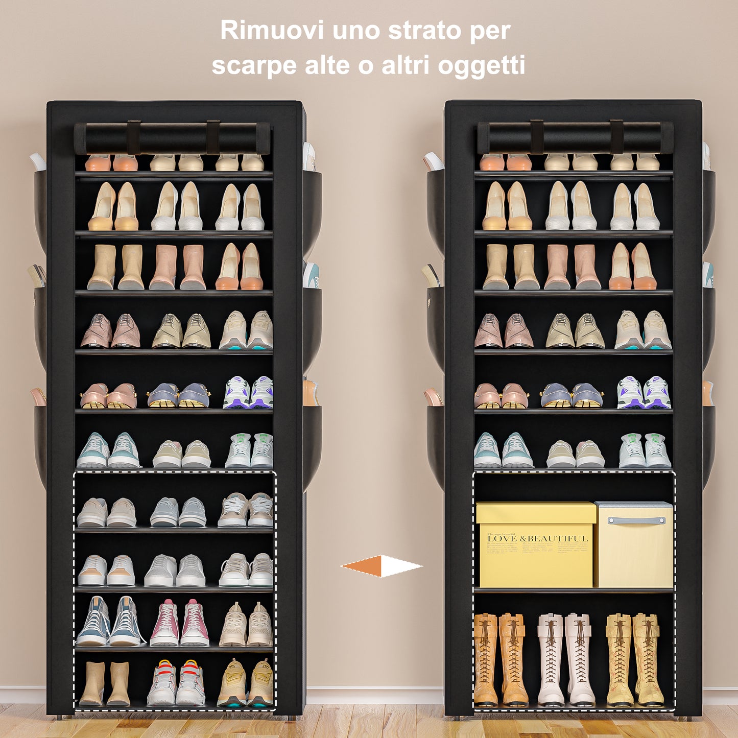 OYREL Scarpiera a 11 Ripiani in Tessuto Antipolvere Chiusa o Aperta, Scaffale Portascarpe con Copertura di Tessuto, 6 Tasche Laterali, per Scarpe da Ginnastica, Tacchi Alti, Ciabatte