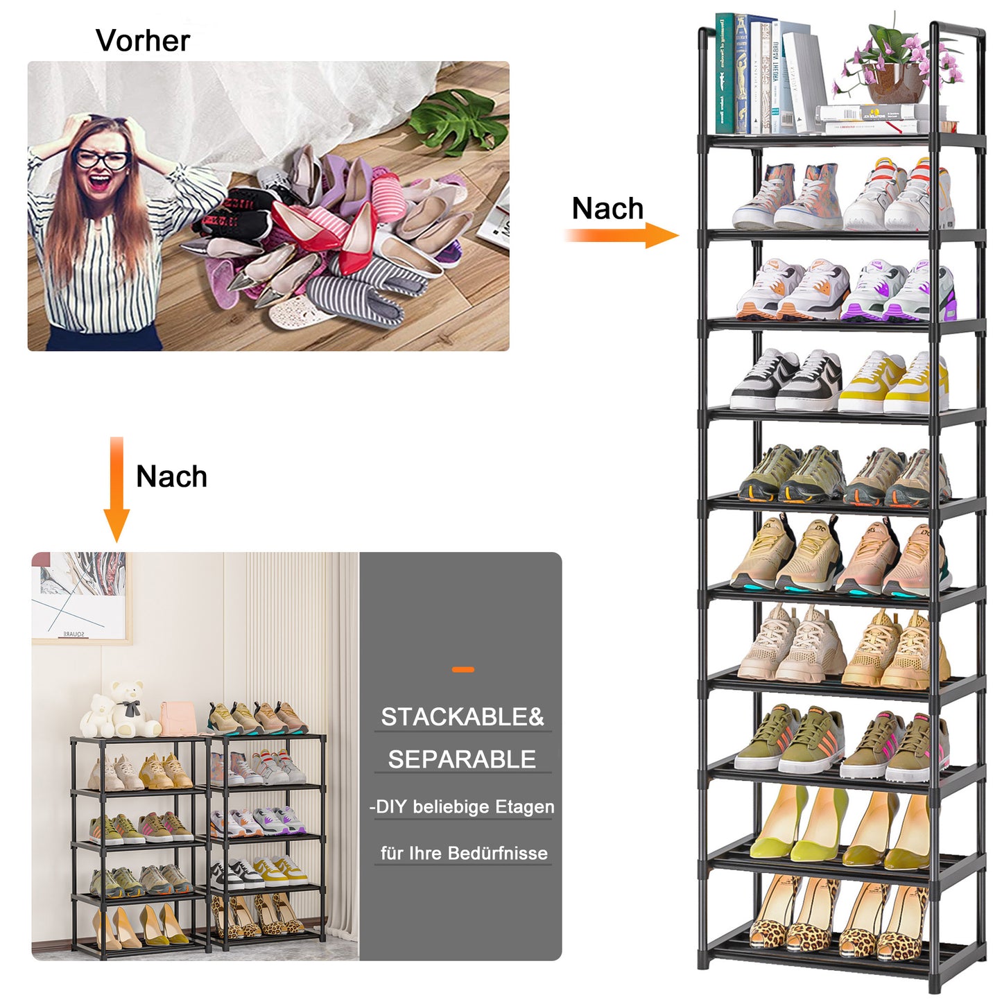 OYREL Schuhregal mit 10 Ebenen aus Metall, schmal und hoch schwarz | Schuhständer für 10-20 Paar Schuhe, Schuhschrank 45 cm breit platzsparend für Flur, Wohnzimmer und Eingang