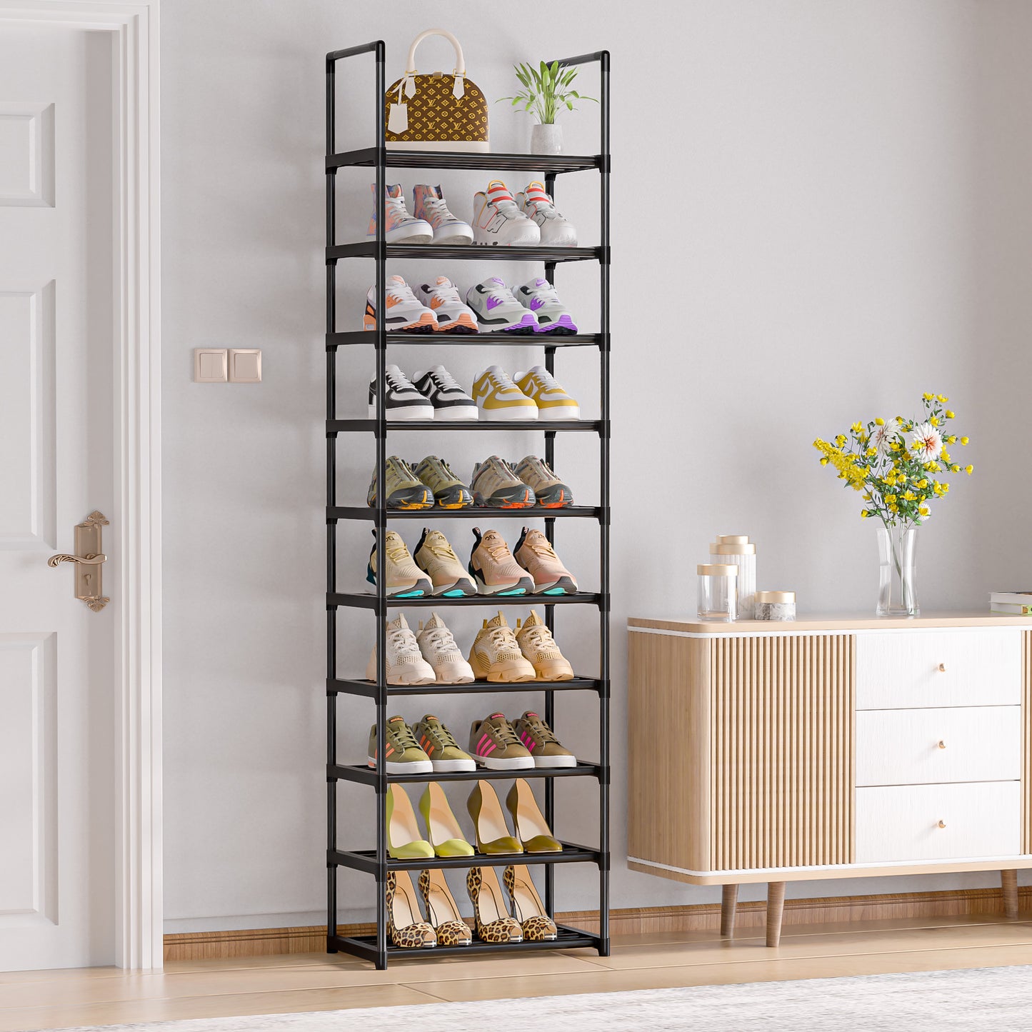 OYREL Schuhregal mit 10 Ebenen aus Metall, schmal und hoch schwarz | Schuhständer für 10-20 Paar Schuhe, Schuhschrank 45 cm breit platzsparend für Flur, Wohnzimmer und Eingang
