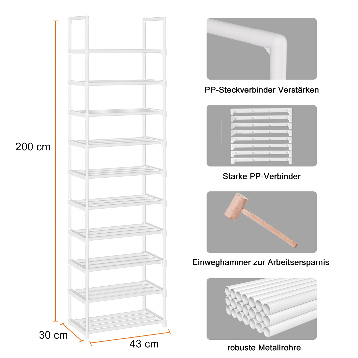 OYREL Schuhregal mit 10 Ebenen, schmal platzsparend, Shoe Rack, Schuhschrank hoch, Schuhablage aus Metall, Schuhaufbewahrung für Flur und Schrank, 45 cm breit, Schuhständer Weiß