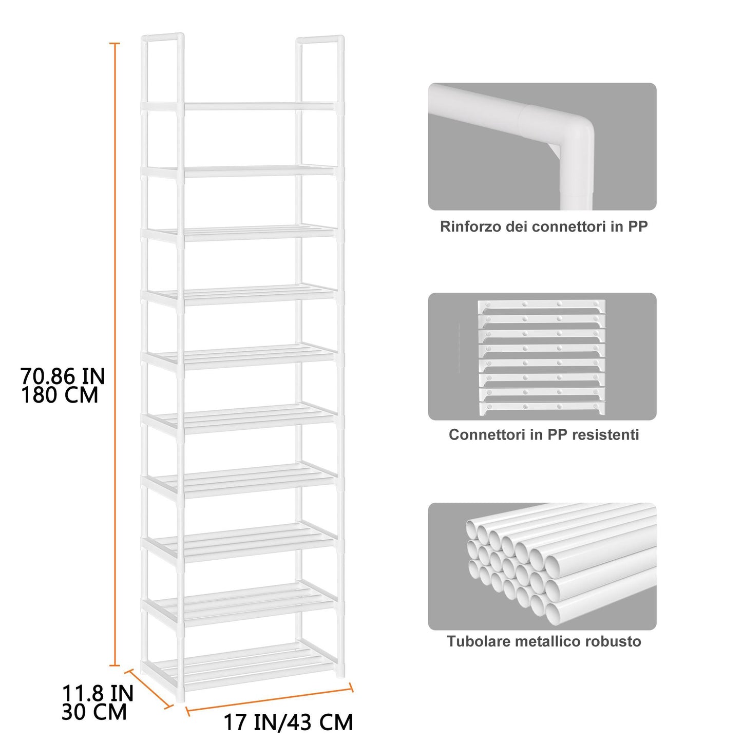 OYREL Scarpiera a 10 Ripiani, Slim e Alta, Scaffale Portascarpe in Metallo, Scarpiera per 10-20 Paia di Scarpe, per Spazi Stretti, Ingresso Soggiorno Camera da Letto