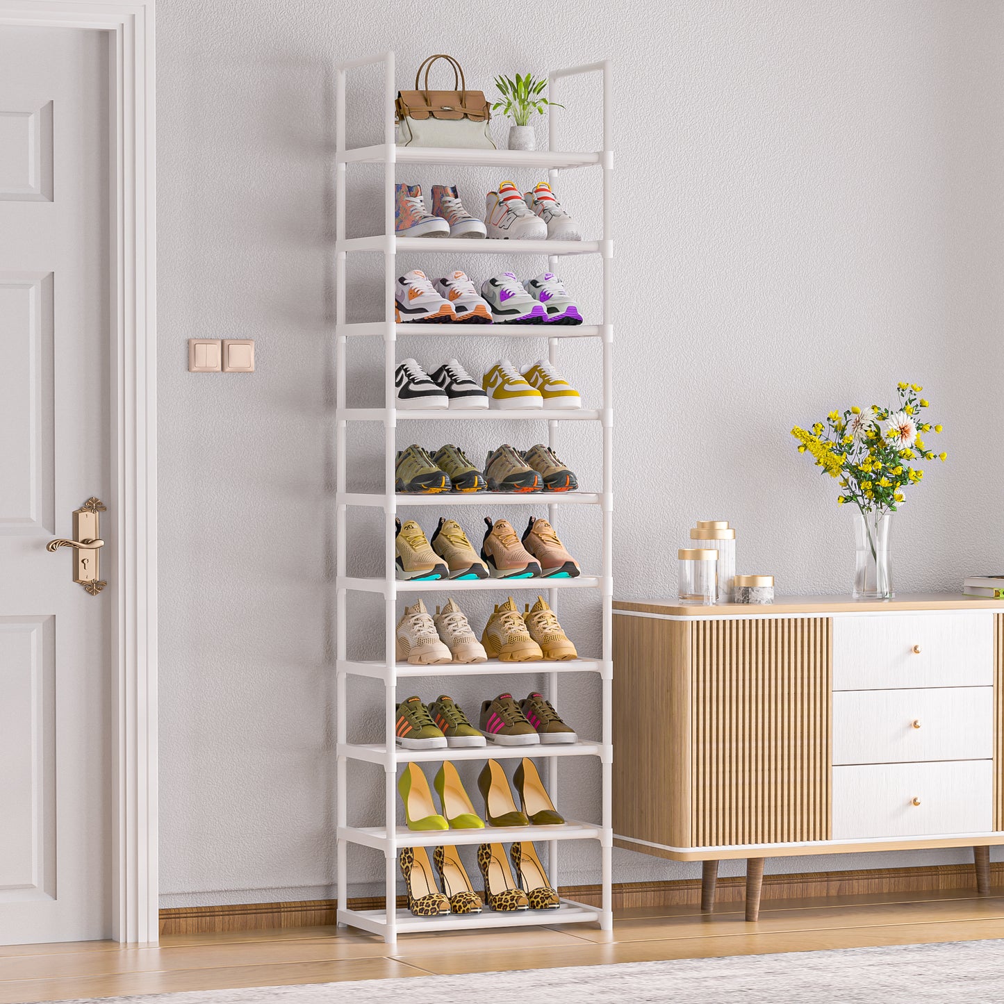 OYREL Schuhregal mit 10 Ebenen, schmal platzsparend, Shoe Rack, Schuhschrank hoch, Schuhablage aus Metall, Schuhaufbewahrung für Flur und Schrank, 45 cm breit, Schuhständer Weiß