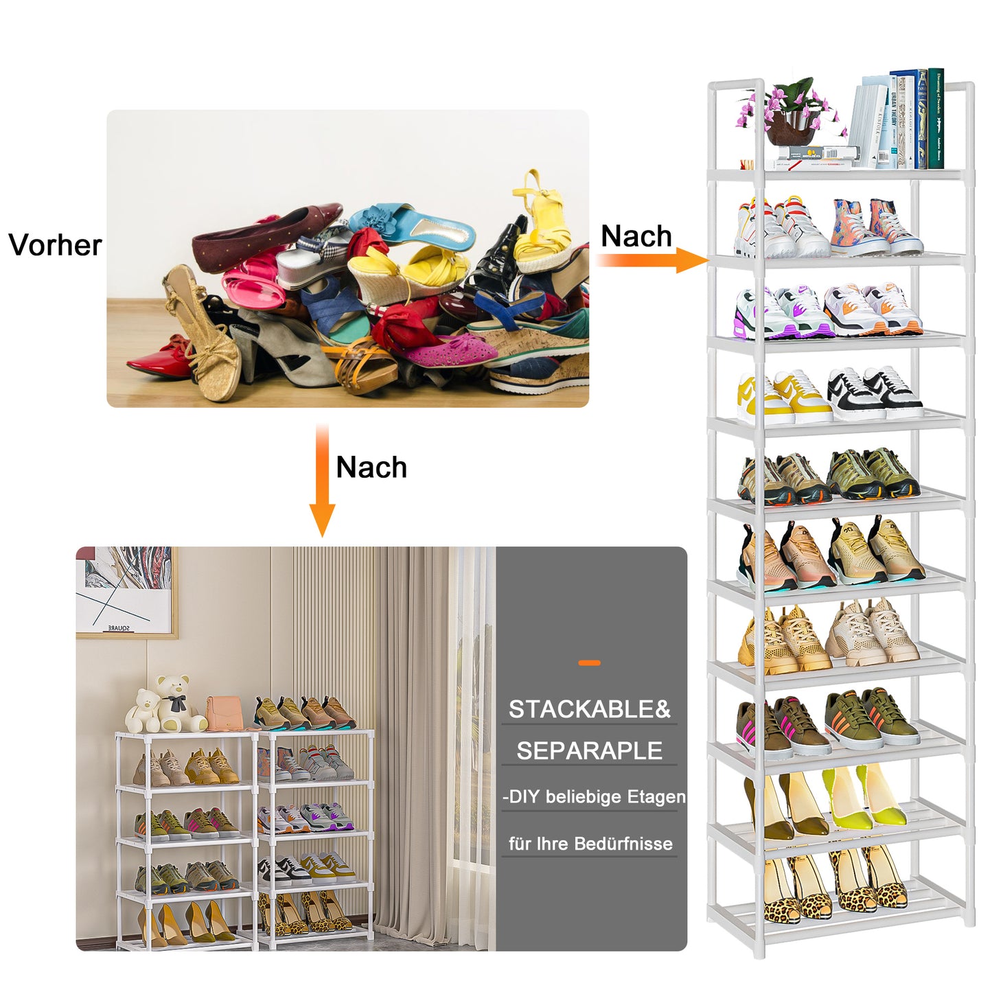 OYREL Schuhregal mit 10 Ebenen, schmal platzsparend, Shoe Rack, Schuhschrank hoch, Schuhablage aus Metall, Schuhaufbewahrung für Flur und Schrank, 45 cm breit, Schuhständer Weiß
