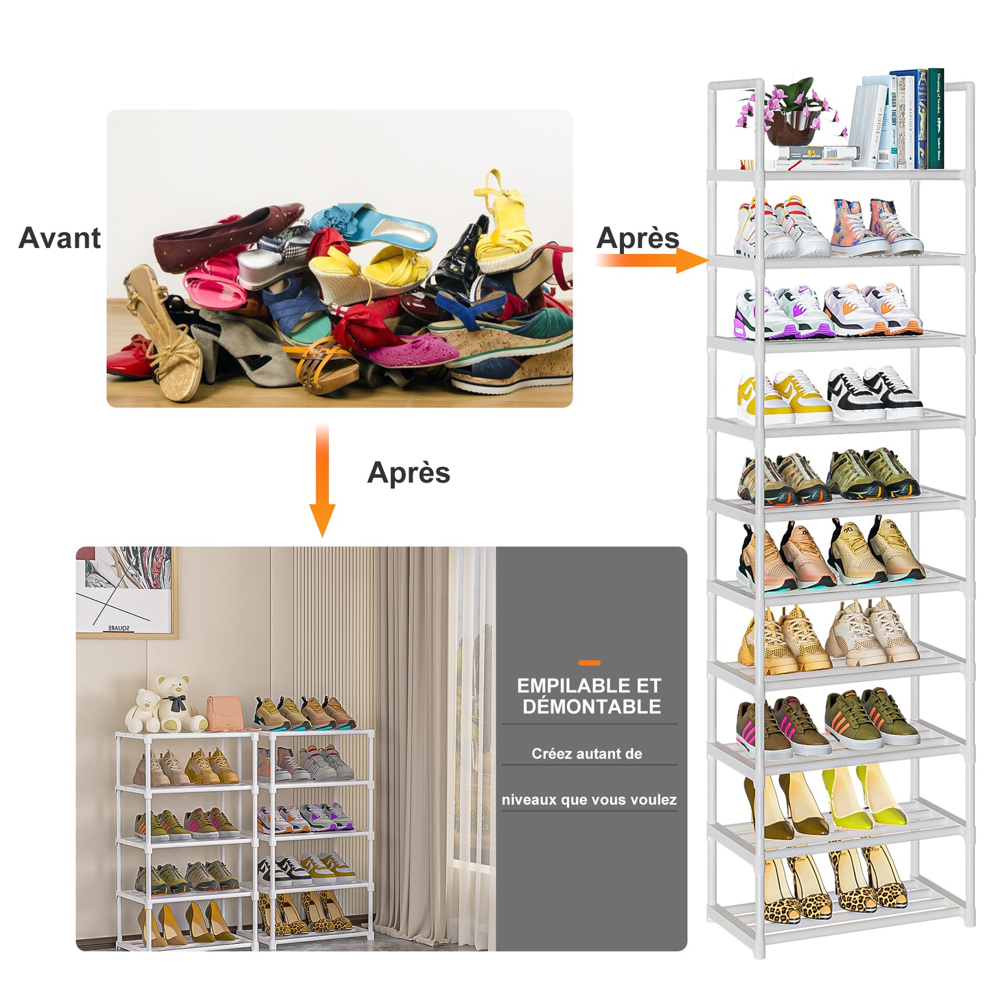 OYREL Étagère à Chaussures 10 Niveaux Gain de Place, Organisateur de Chaussures Grande capacité pour 20-25 Paires, Armoire à Chaussures métallique Haute et étroite, pour entrée, Salon, Chambre