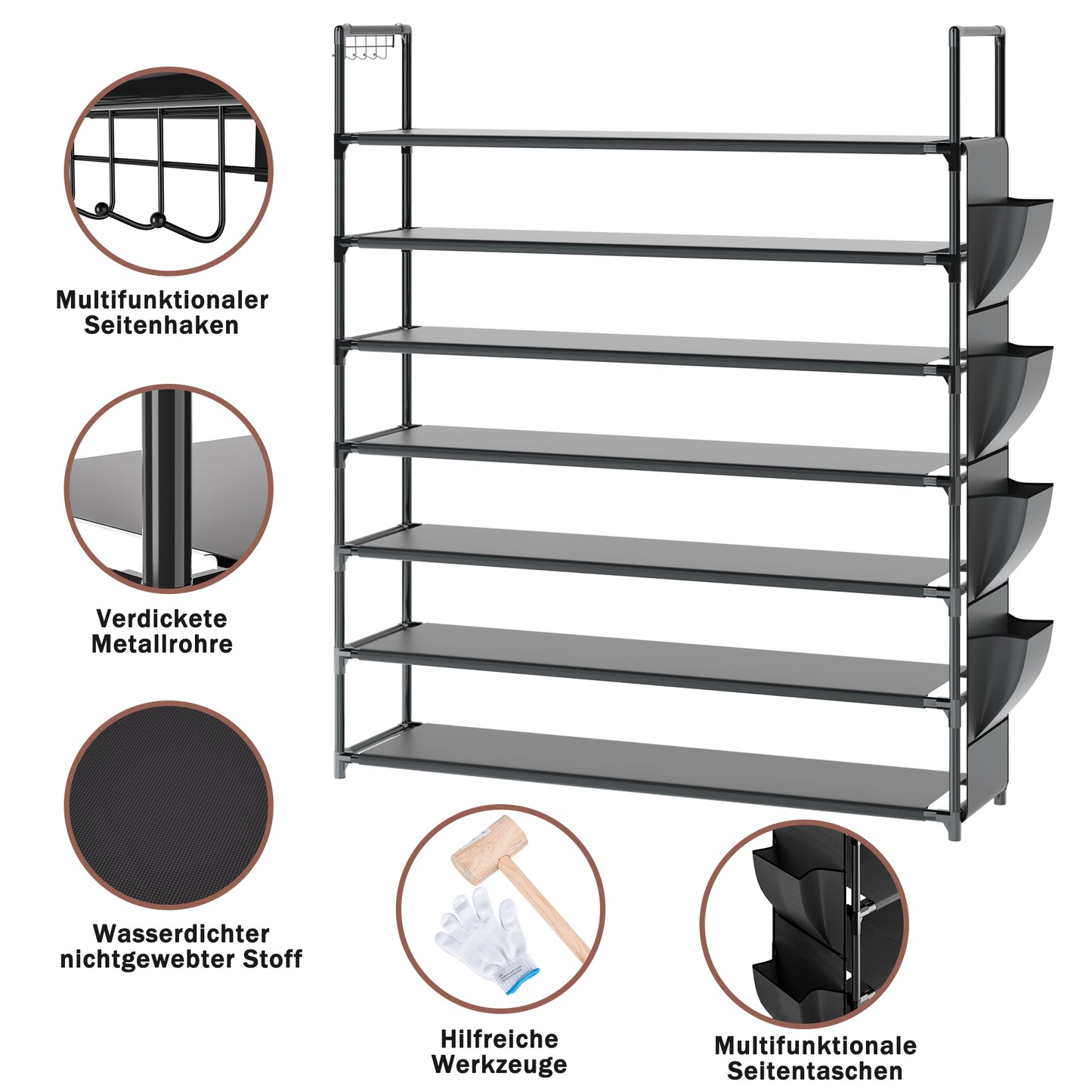 OYREL Schuhregal 7 Ebenen, Große Kapazität Shoe Rack Schuhablage mit Seitentasche für 28-35 Paar Schuhe, Stark Schuhaufbewahrung für Schrank, Flur, Closet, Draußen, 85cm Breit Shoe Storage Schwarz