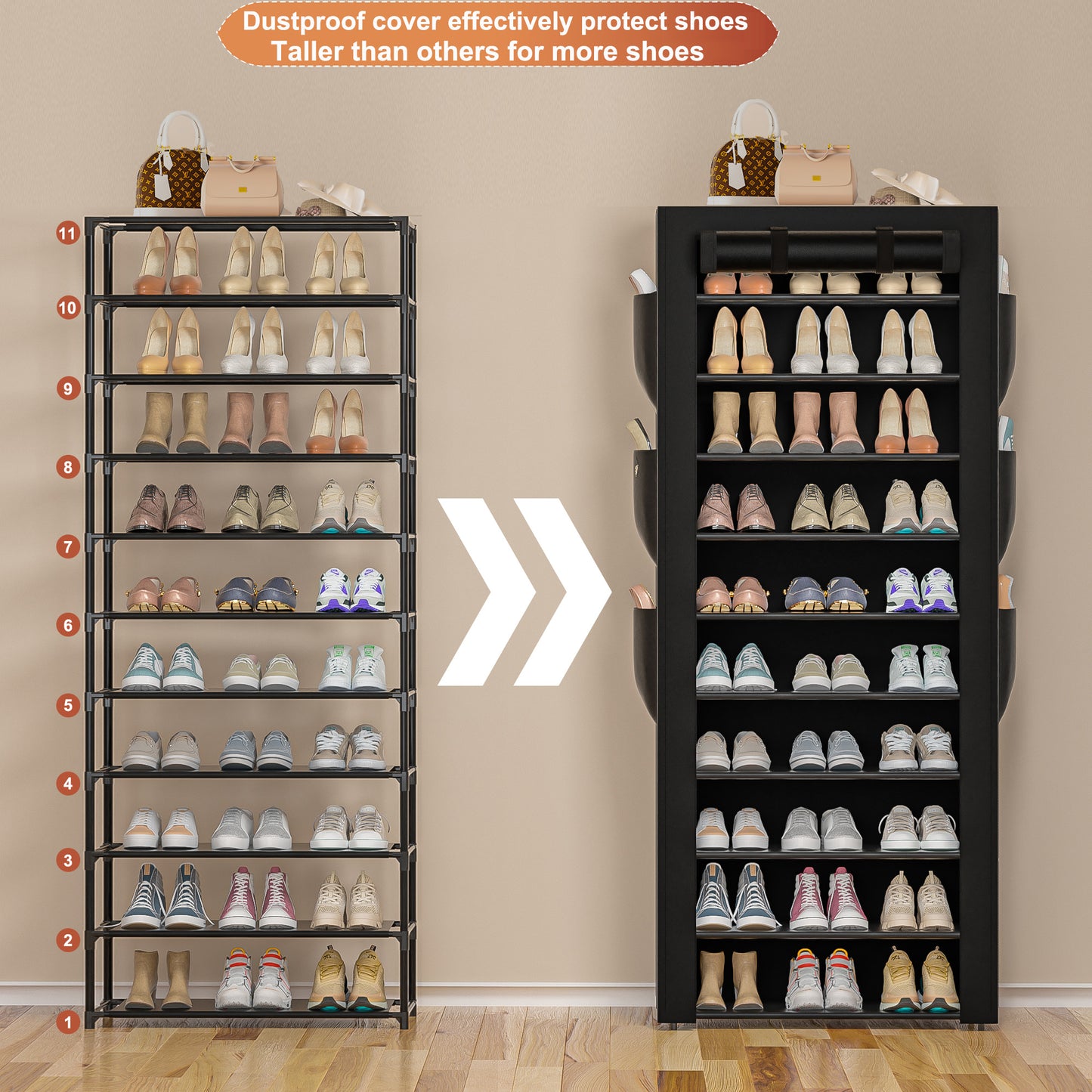 OYREL Shoe Rack with Cover 10+1 Tier Tall 36-41 Pairs with 6 Side Pockets Large Storage Capacity Dustproof Shoes Storage for Closet Entryway, Sturdy Black Shoe Organizer Stand Shelf