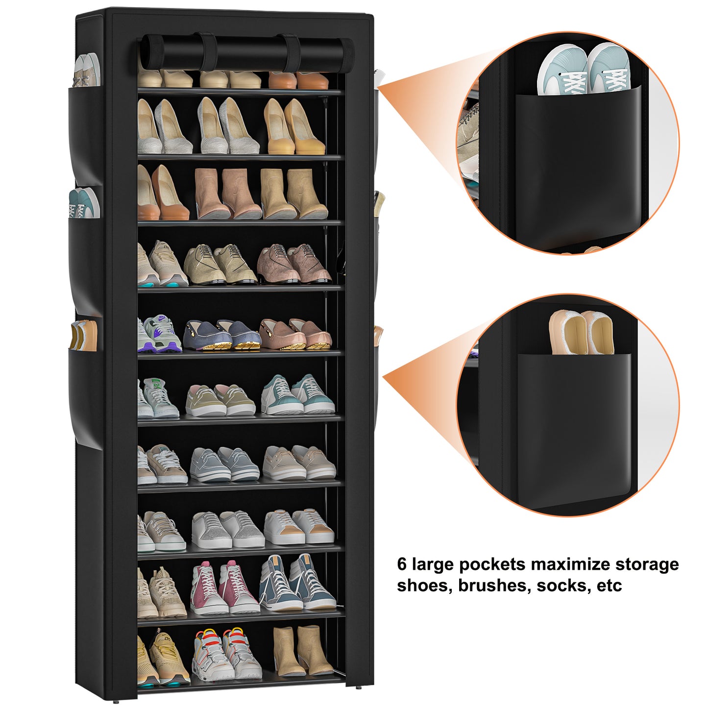 OYREL Shoe Rack with Cover 10+1 Tier Tall 36-41 Pairs with 6 Side Pockets Large Storage Capacity Dustproof Shoes Storage for Closet Entryway, Sturdy Black Shoe Organizer Stand Shelf
