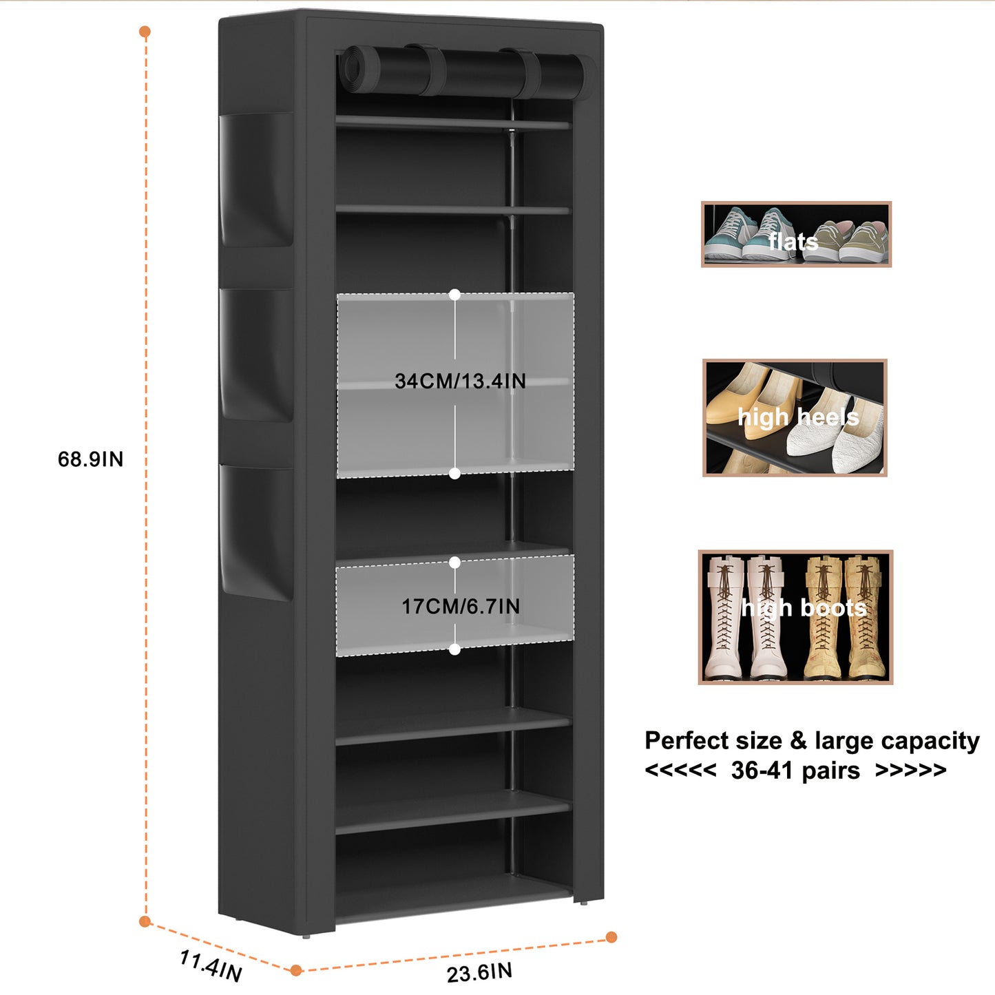 OYREL Shoe Rack with Cover 10+1 Tier Tall 36-41 Pairs with 6 Side Pockets Large Storage Capacity Dustproof Shoes Storage for Closet Entryway, Sturdy Black Shoe Organizer Stand Shelf