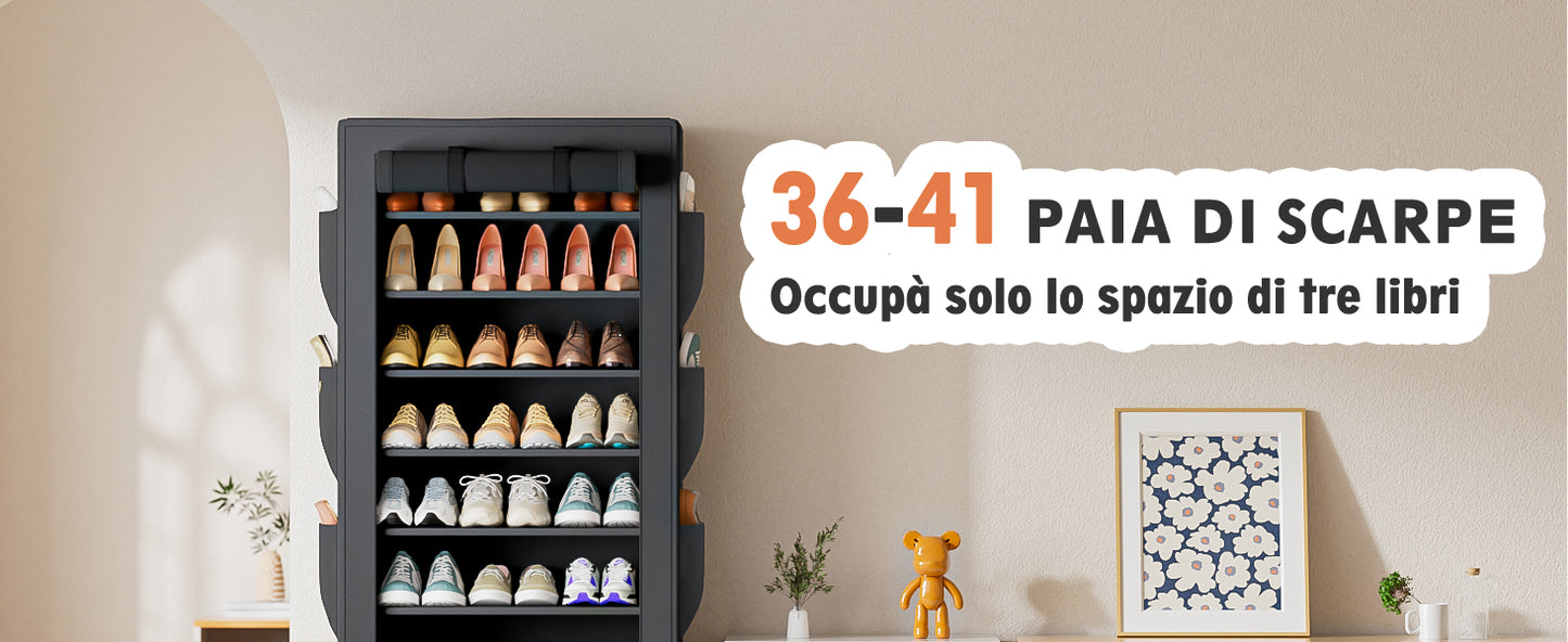 OYREL Scarpiera a 11 Ripiani in Tessuto Antipolvere Chiusa o Aperta, Scaffale Portascarpe con Copertura di Tessuto, 6 Tasche Laterali, per Scarpe da Ginnastica, Tacchi Alti, Ciabatte