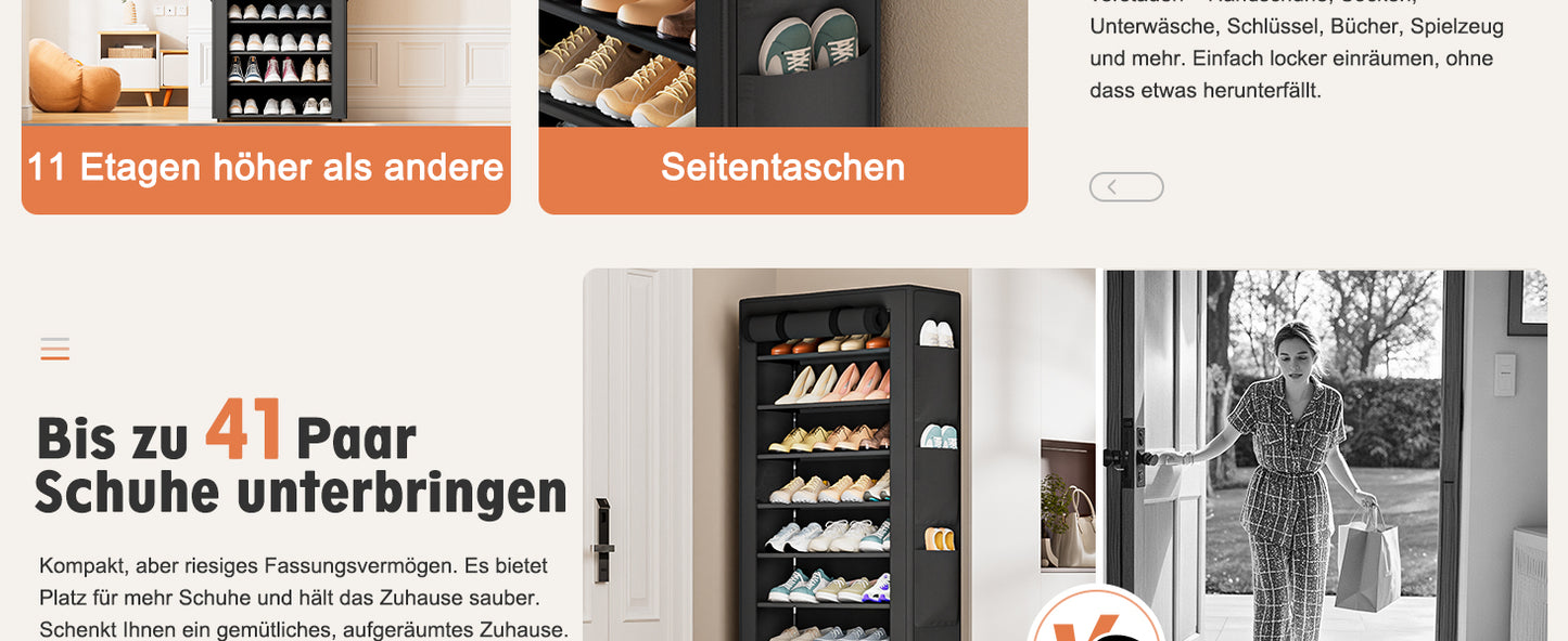 OYREL Schuhregal mit 11 Ebenen, Schuhschrank Hoch mit Staubdichtem Überzug, Große Shoe Rack für 36-41 Paar Schuhe, Geschlossen Schuhablage Stoff, Schuhaufbewahrung für Flur, Closet, Schwarz