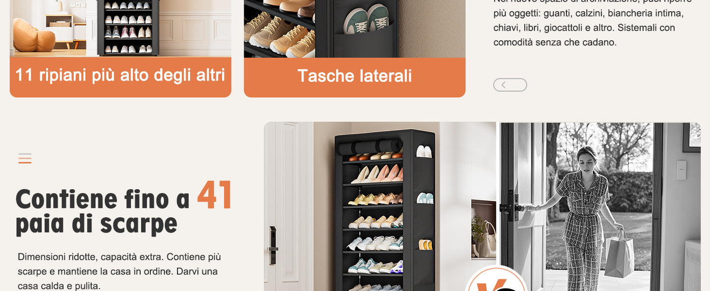 OYREL Scarpiera a 11 Ripiani in Tessuto Antipolvere Chiusa o Aperta, Scaffale Portascarpe con Copertura di Tessuto, 6 Tasche Laterali, per Scarpe da Ginnastica, Tacchi Alti, Ciabatte