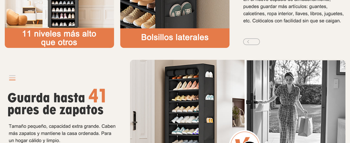 OYREL Zapatero Tela de 11 Niveles, Organizador de Zapatos con Funda de Tela,Zapatero Grande y Alto para 36-41 Pares, con Bolsillo Lateral Grande en Ambos Lados, para Armario Entrada