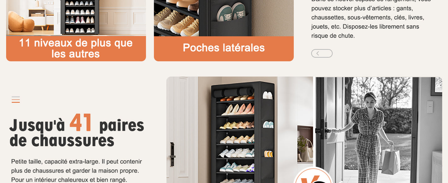 OYREL Étagère à Chaussures 11 Niveaux, Grande Armoire à Chaussures Haute pour 36-41 Paires de Chaussures, Stockage Chaussure-Organisateur avec Couverture étanche à la poussière