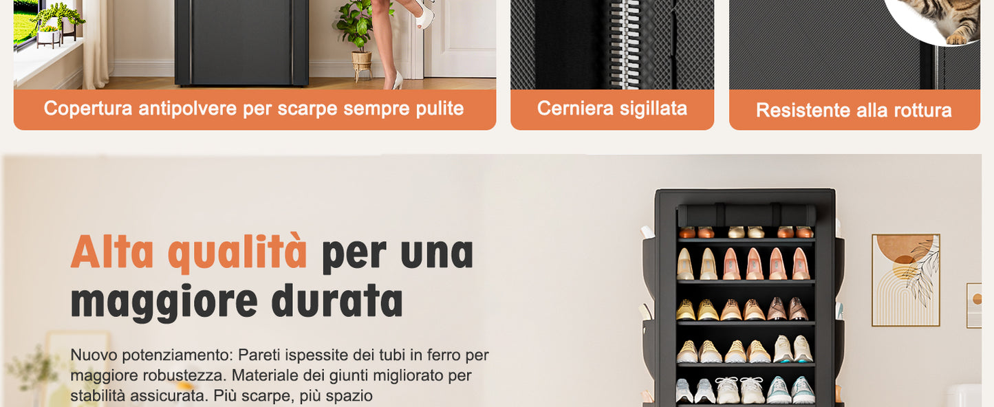OYREL Scarpiera a 11 Ripiani in Tessuto Antipolvere Chiusa o Aperta, Scaffale Portascarpe con Copertura di Tessuto, 6 Tasche Laterali, per Scarpe da Ginnastica, Tacchi Alti, Ciabatte