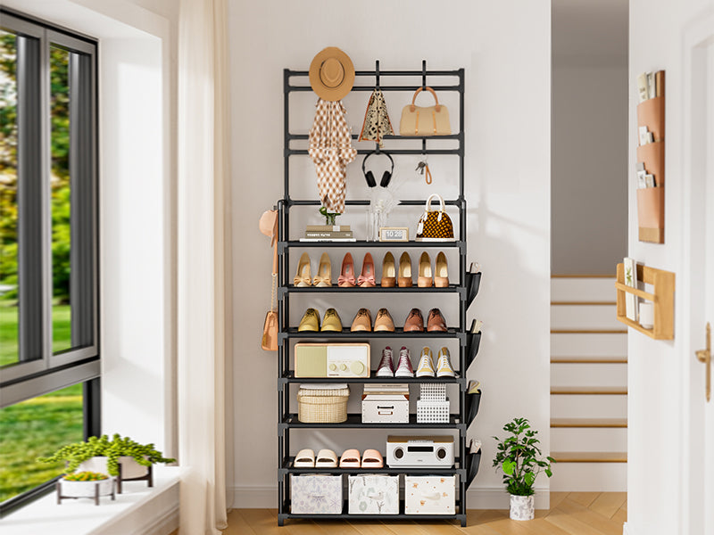 Shoe Rack 7 Tier Shoe Organizer Storage 21-28 Pairs Closet Shoes Rack for Front Door Entrance Shoe Rack Organizer with Hooks Side Pocket Entryway Large Capacity Shoe Shelf Tower Garage