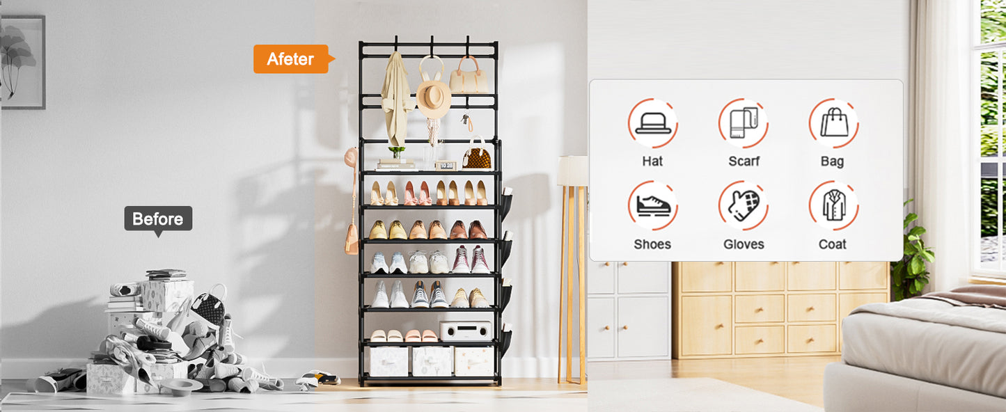 Shoe Rack 7 Tier Shoe Organizer Storage 21-28 Pairs Closet Shoes Rack for Front Door Entrance Shoe Rack Organizer with Hooks Side Pocket Entryway Large Capacity Shoe Shelf Tower Garage