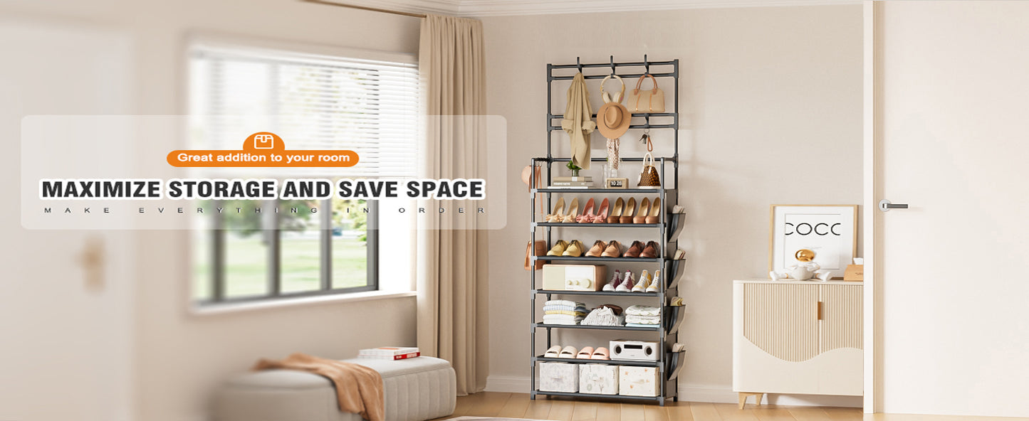 Shoe Rack 7 Tier Shoe Organizer Storage 21-28 Pairs Closet Shoes Rack for Front Door Entrance Shoe Rack Organizer with Hooks Side Pocket Entryway Large Capacity Shoe Shelf Tower Garage