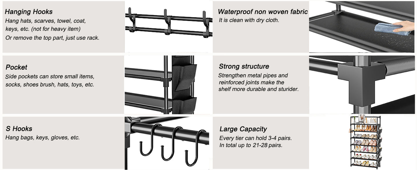 Shoe Rack 7 Tier Shoe Organizer Storage 21-28 Pairs Closet Shoes Rack for Front Door Entrance Shoe Rack Organizer with Hooks Side Pocket Entryway Large Capacity Shoe Shelf Tower Garage