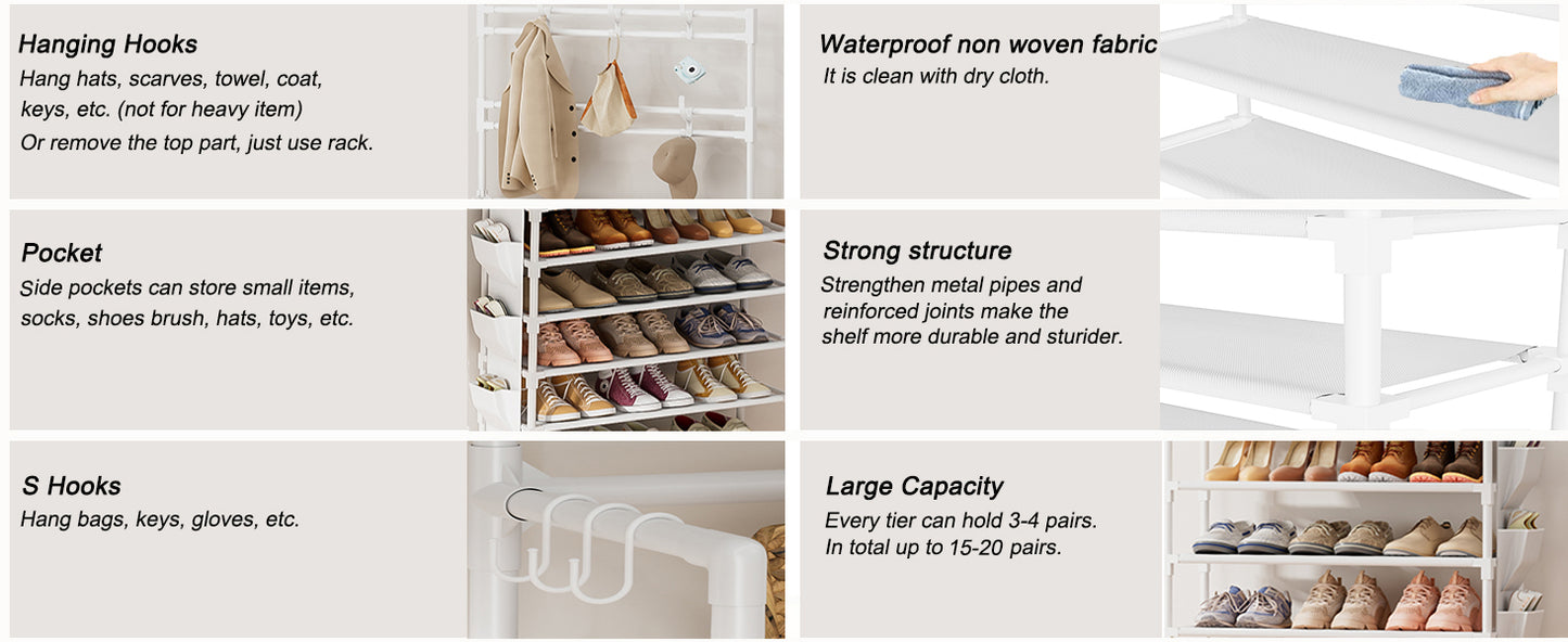 Shoe Rack 5 Tier Shoe Organizer Storage 15-20 Pairs Shoes Rack for Closet Entrance Shoe Rack Organizer with Hooks and Side Pocket Entryway Shoe Holder Space Saving Free Standing Shoe Racks