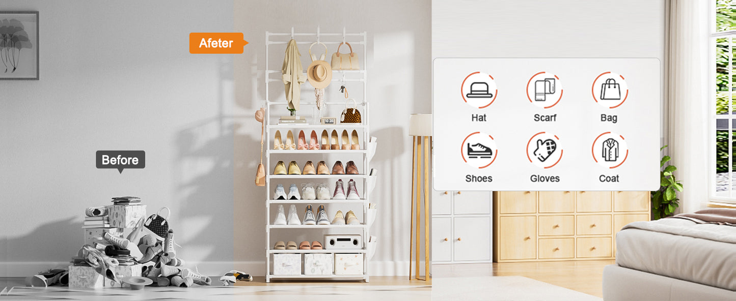 Shoe Rack 7 Tier Shoe Organizer Storage 21-28 Pairs Closet Shoes Rack for Front Door Entrance Shoe Rack Organizer with Hooks Side Pocket Entryway Large Capacity Shoe Shelf Tower Garage