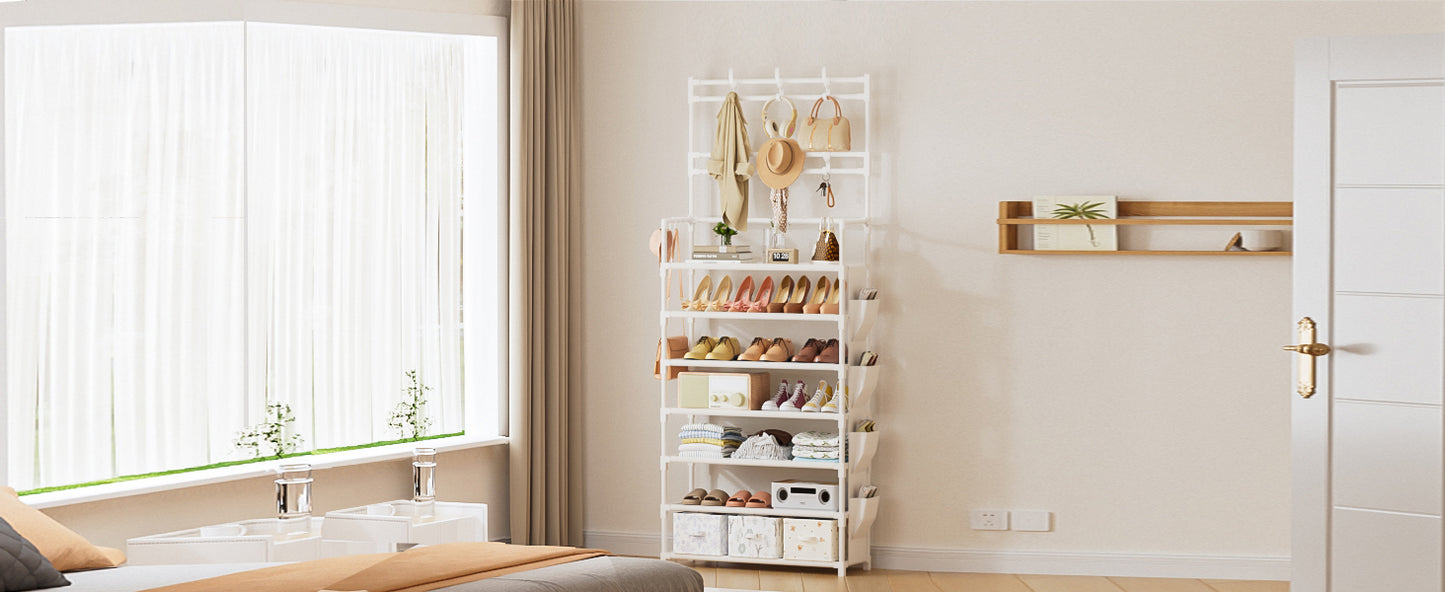 Shoe Rack 7 Tier Shoe Organizer Storage 21-28 Pairs Closet Shoes Rack for Front Door Entrance Shoe Rack Organizer with Hooks Side Pocket Entryway Large Capacity Shoe Shelf Tower Garage
