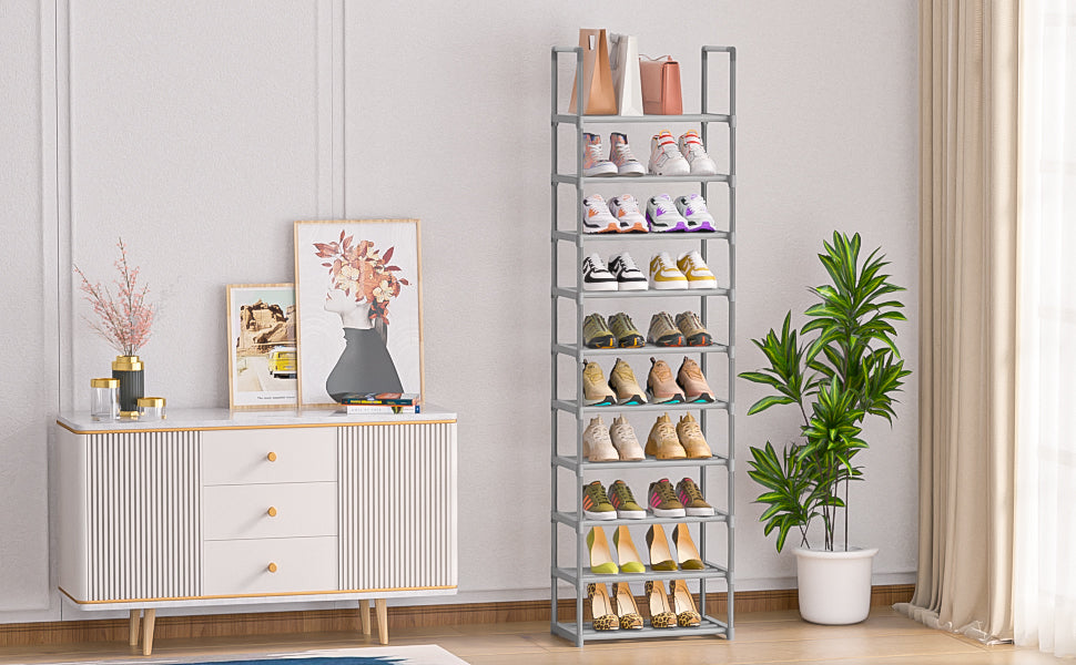 OYREL 10-Tier Metal Shoe Rack, Narrow Shoe Rack Organizer, Sturdy Shoe Shelf for Closets, Entryway, Bedroom, Garage - Silver