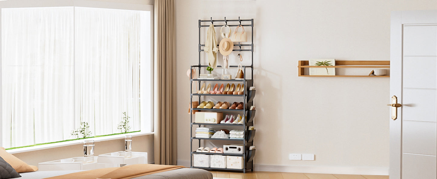 Shoe Rack 7 Tier Shoe Organizer Storage 21-28 Pairs Closet Shoes Rack for Front Door Entrance Shoe Rack Organizer with Hooks Side Pocket Entryway Large Capacity Shoe Shelf Tower Garage