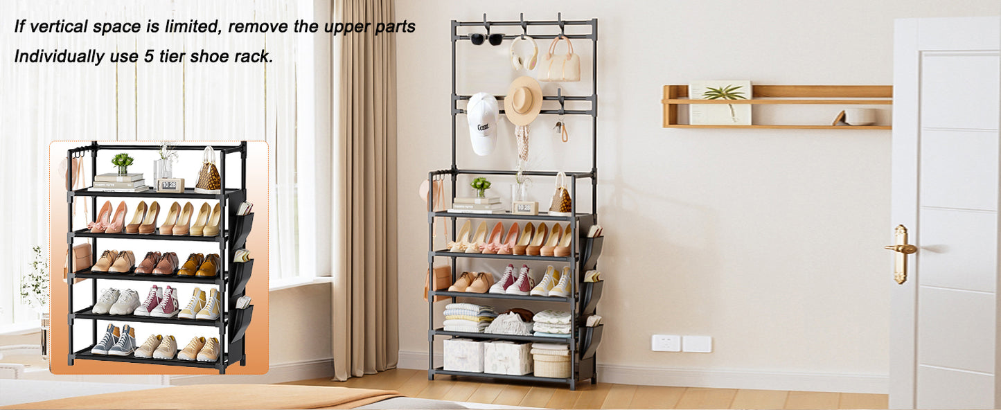 OYREL Shoe Rack 5 Tier Shoe Organizer Storage 15-20 Pairs Shoes Rack for Closet Entrance Shoe Rack Organizer with Hooks and Side Pocket Entryway Shoe Holder Space Saving Free Standing Shoe Racks