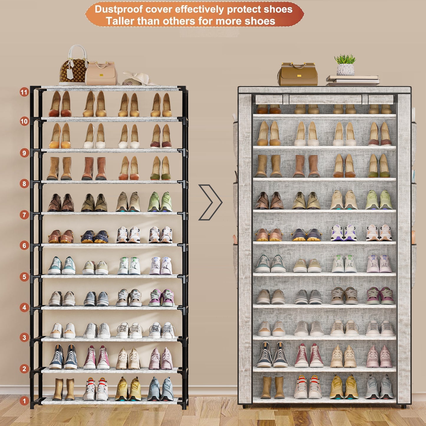 OYREL 10 Tier Shoe Rack Cabinet with Dustproof Cover, Large Capacity Shoe Stand Metal Frame, Shoe Racks Storage Space Saver for 50-56 Pairs Shoes, Shoe Shelves for Inside Wardrobe, Living Room,Hallway