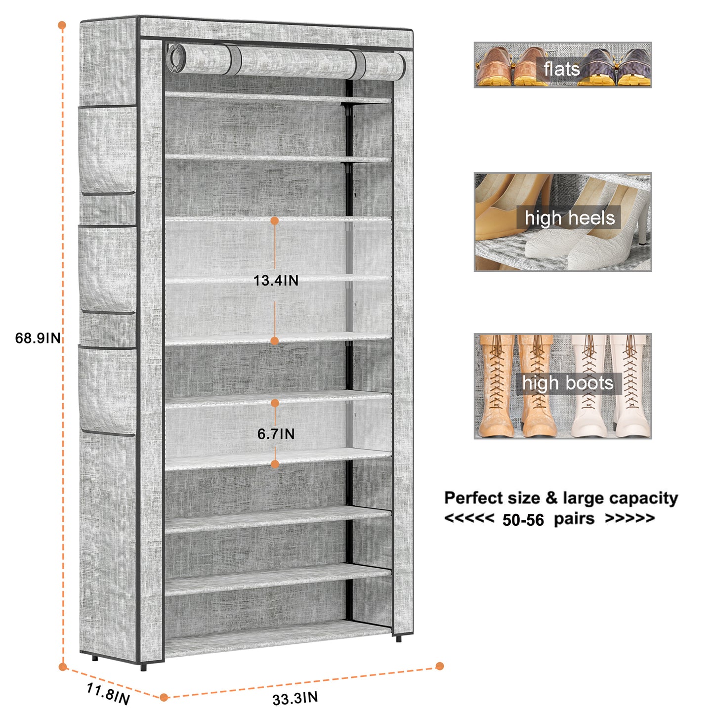 OYREL 10 Tier Shoe Rack Cabinet with Dustproof Cover, Large Capacity Shoe Stand Metal Frame, Shoe Racks Storage Space Saver for 50-56 Pairs Shoes, Shoe Shelves for Inside Wardrobe, Living Room,Hallway