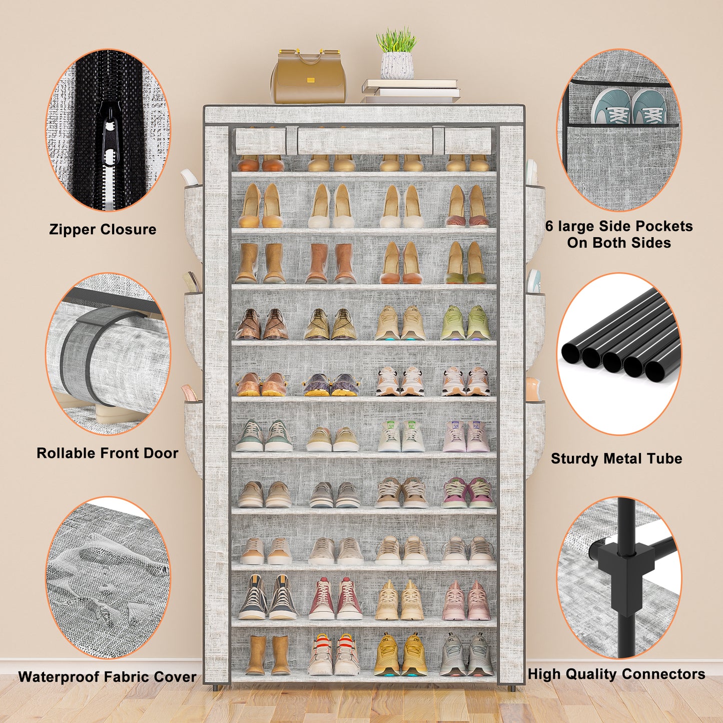 OYREL 10 Tier Shoe Rack Cabinet with Dustproof Cover, Large Capacity Shoe Stand Metal Frame, Shoe Racks Storage Space Saver for 50-56 Pairs Shoes, Shoe Shelves for Inside Wardrobe, Living Room,Hallway