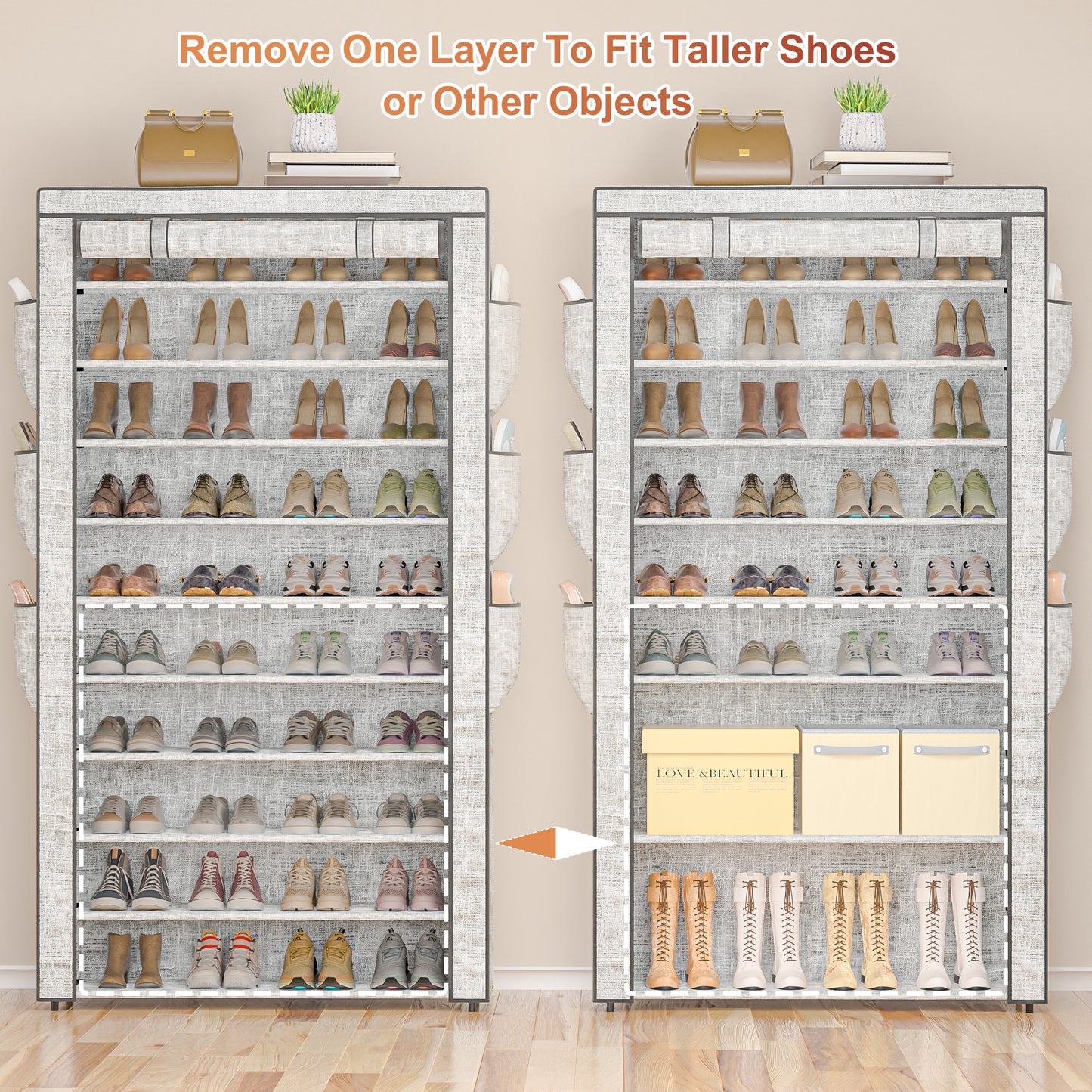OYREL 10 Tier Shoe Rack Cabinet with Dustproof Cover, Large Capacity Shoe Stand Metal Frame, Shoe Racks Storage Space Saver for 50-56 Pairs Shoes, Shoe Shelves for Inside Wardrobe, Living Room,Hallway