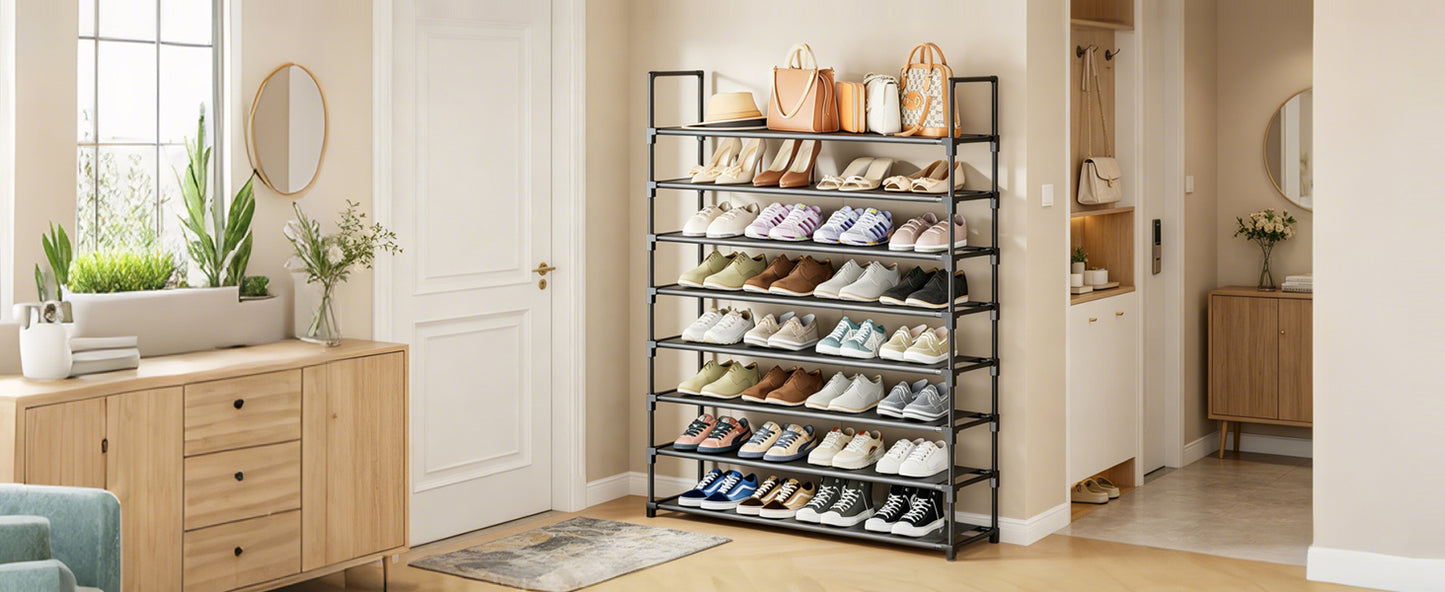 OYREL Shoe Rack 8 Tier 32-40 Pairs Shoes, Shoe Storage Organizer Large with Side Bag Space Saving for Closet, Entryway, Garage, Bedroom Non-Woven Shoe Rack Shelf Black