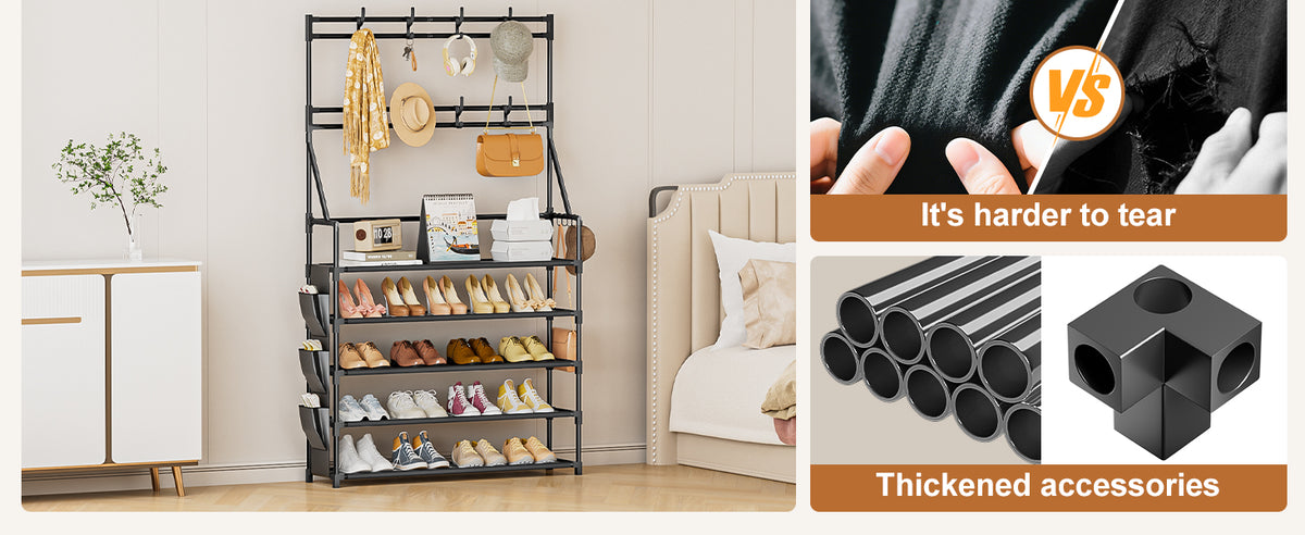 OYREL Shoe Rack 5 Tier Shoe Racks Organizer 20-25 Pairs Shoes Rack for Closet Entrance Shoe Storage Organizer with Hooks and Side Pocket Entryway Shoe Holder Space Saving Free Standing Shoe Racks